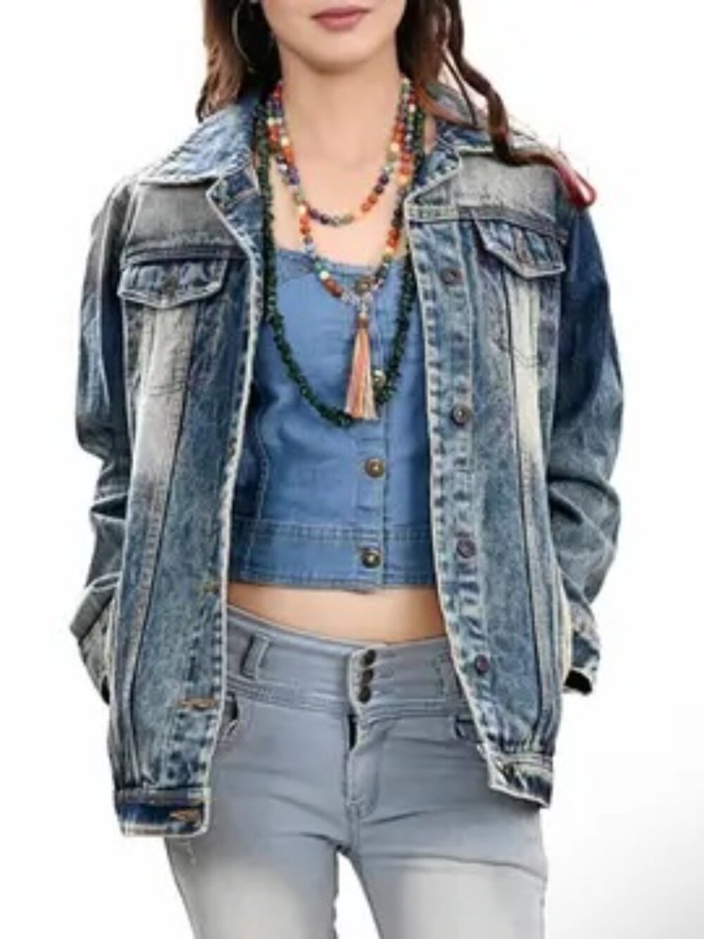 Western Denim Jacket with Tooled Sunflower Yoke & Turquoise Feather Fringe Med - Picture 2 of 5